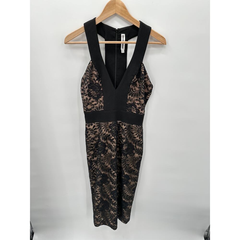 DRESS THE POPULATION Black Lace Racerback V-Neck Midi Gown Dress // S